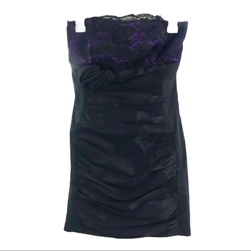 Mystic Womens Strapless Ruched Mini Dress Black Purple Lace Rosette Small